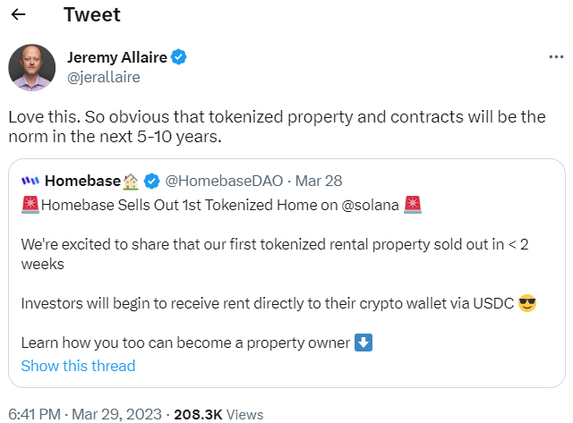 A successful tokenized property transaction was completed in fewer than two weeks, and rent payments will be made in USDC directly to the investors' cryptocurrency wallets.